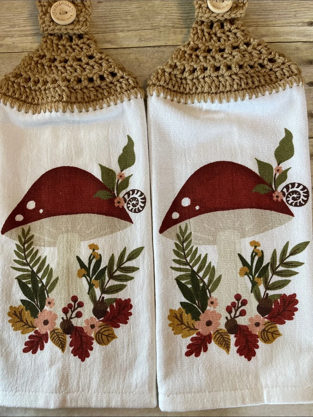 Crochet Top Hand Towel Mushrooms Single Thickness Fall Decor Set of 2